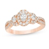 Thumbnail Image 0 of Celebration Ideal 1 CT. T.W. Oval Diamond Three Stone Frame Engagement Ring in 14K Rose Gold (I/I1)