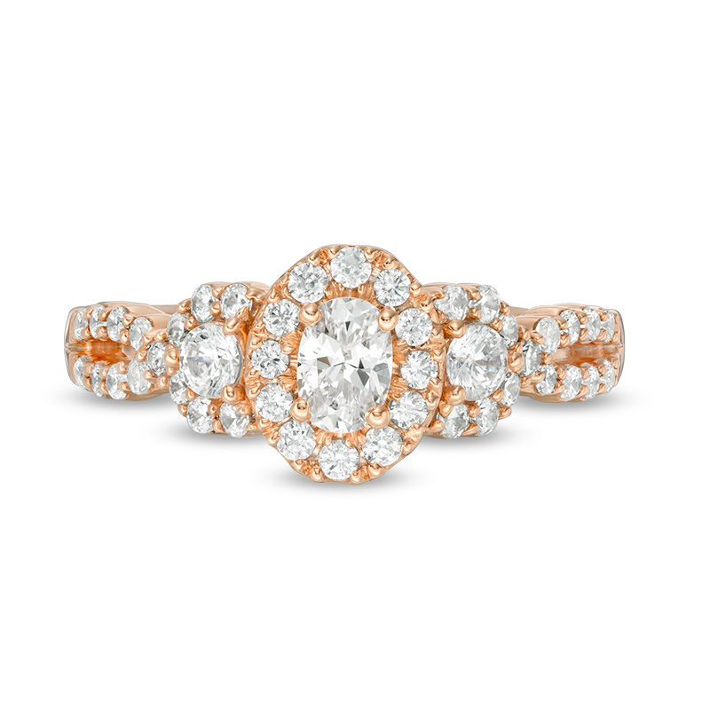 Celebration Ideal 1 CT. T.W. Oval Diamond Three Stone Frame Engagement Ring in 14K Rose Gold (I/I1)