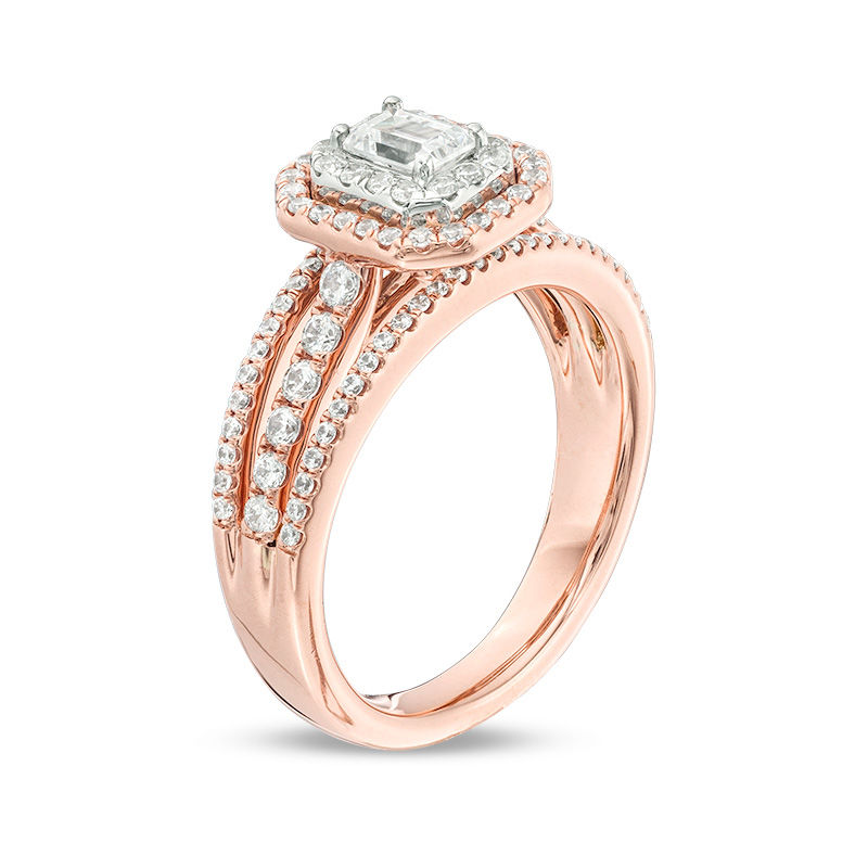 Celebration Ideal 1 CT. T.W. Emerald-Cut Diamond Double Frame Multi-Row Engagement Ring in 14K Two-Tone Gold (I/SI2)