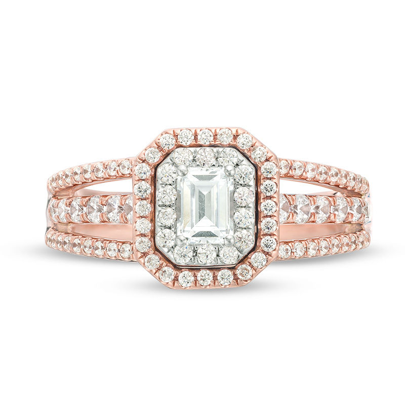 Celebration Ideal 1 CT. T.W. Emerald-Cut Diamond Double Frame Multi-Row Engagement Ring in 14K Two-Tone Gold (I/SI2)