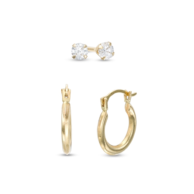Child's Cubic Zirconia Solitaire Stud and Tube Hoop Earrings Set in 14K Gold