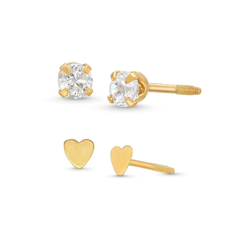 Child's Cubic Zirconia Solitaire and Flat Heart Stud Earrings Set in 14K Gold