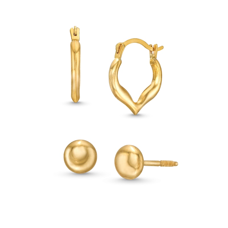 Child's Polished Button Stud and Heart Hoop Earrings Set in 14K Gold