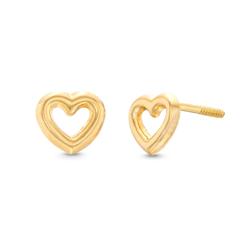 Child's Puffed Outline Heart Stud Earrings in 14K Gold