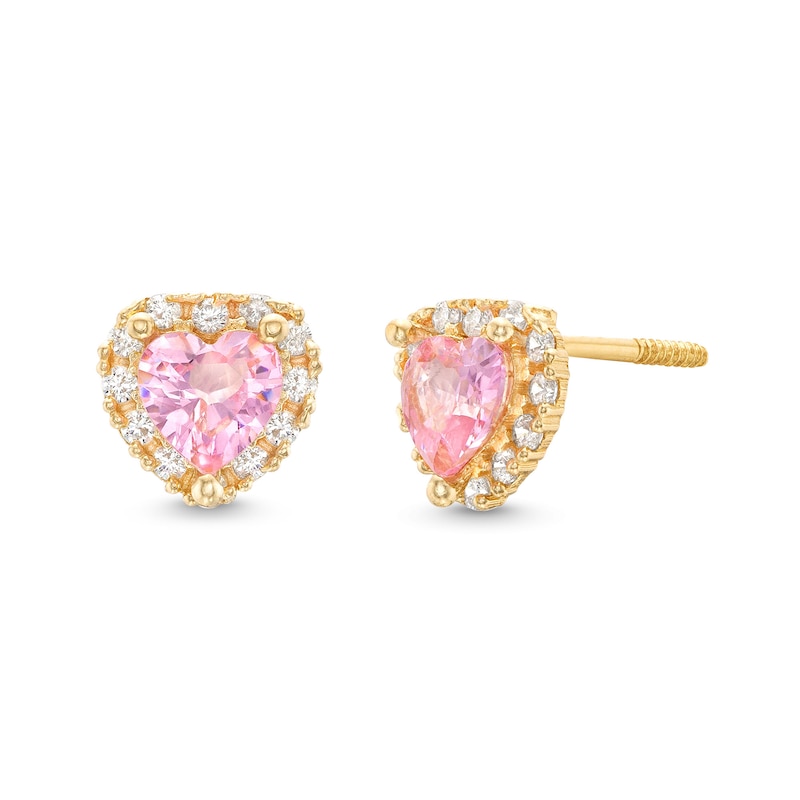 Child's Pink and White Cubic Zirconia Frame Heart Stud Earrings in 14K Gold