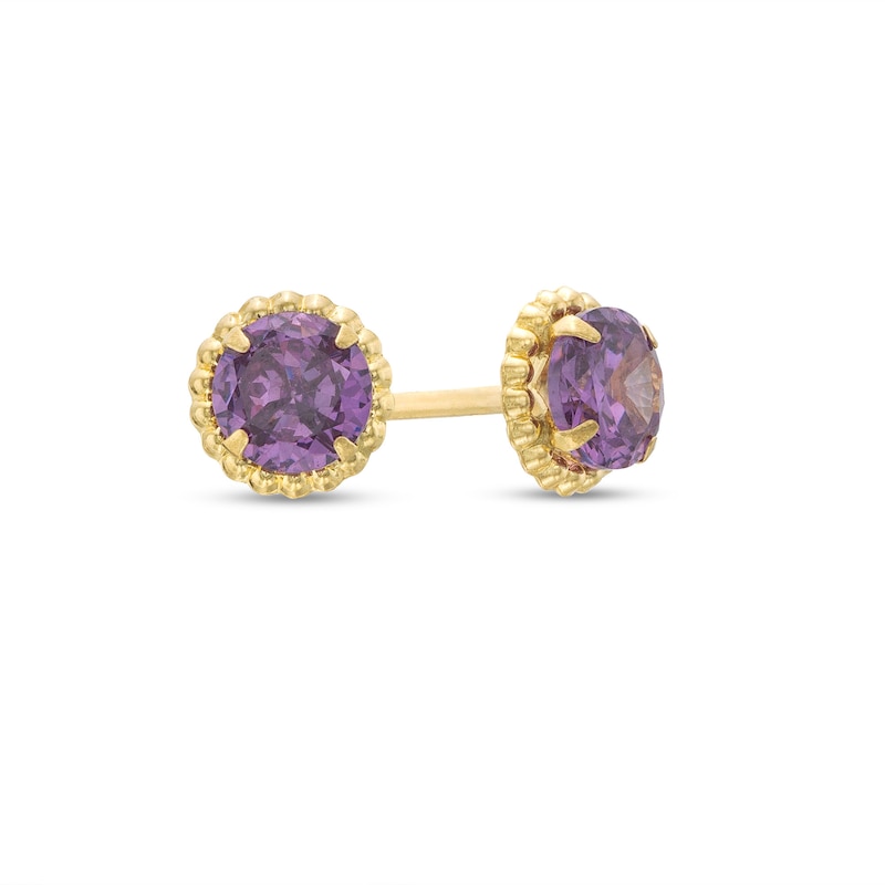 Child's Purple Cubic Zirconia Beaded Frame Stud Earrings in 14K Gold