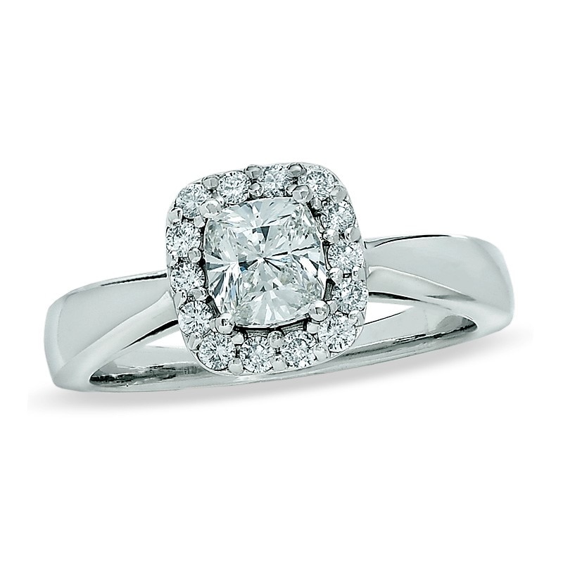 Previously Owned - Celebration Lux® 1 CT. T.W. Cushion-Cut Diamond Framed Engagement Ring in 18K White Gold (H-SI2)