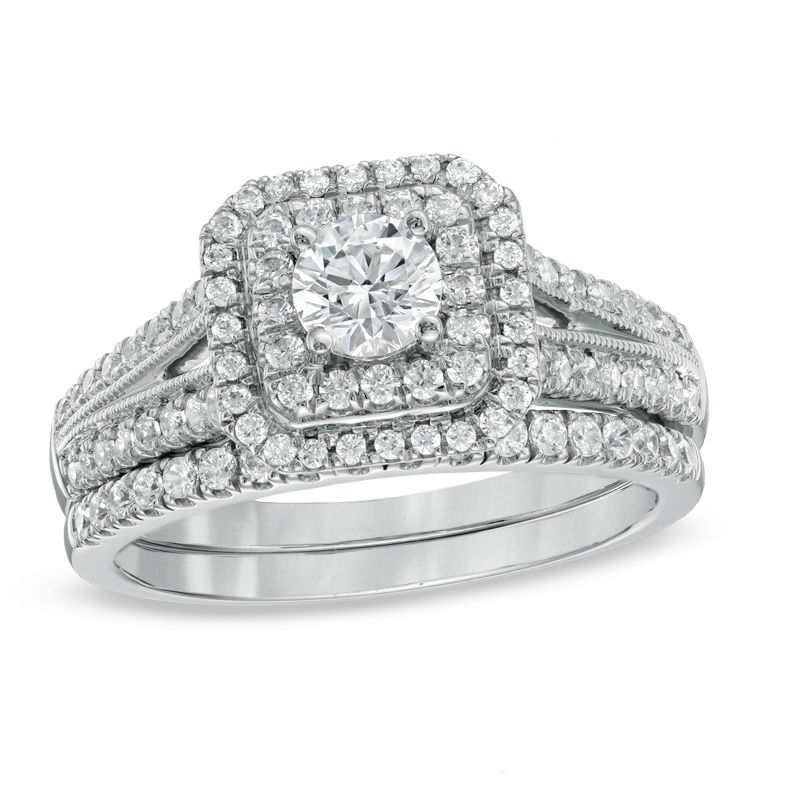 Previously Owned - Celebration Grand® 1 CT. T.W. Diamond Double Frame Bridal Set in 14K White Gold (H-I/I1)