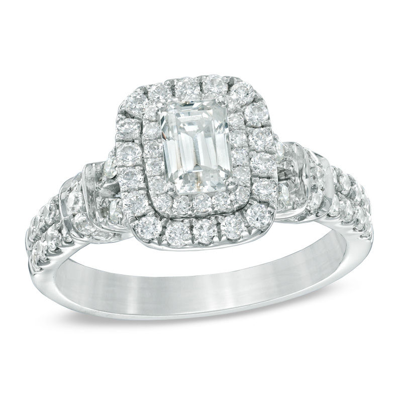 Previously Owned - Celebration Grand® 1-1/6 CT. T.W. Emerald-Cut Diamond Frame Engagement Ring in 14K White Gold (I/I1)