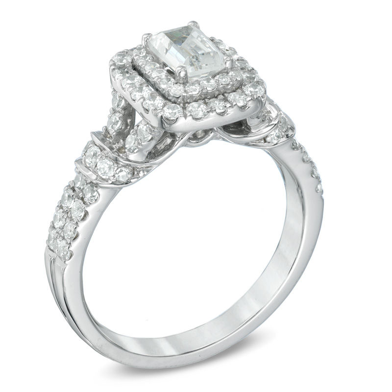 Previously Owned - Celebration Grand® 1-1/6 CT. T.W. Emerald-Cut Diamond Frame Engagement Ring in 14K White Gold (I/I1)